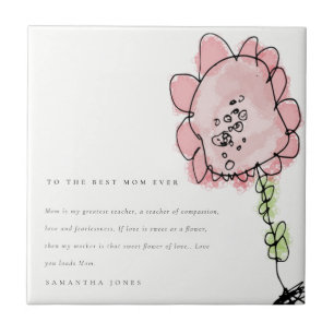 Cute Kid Drawn Pink Flower Botanical Mother's Day Tile