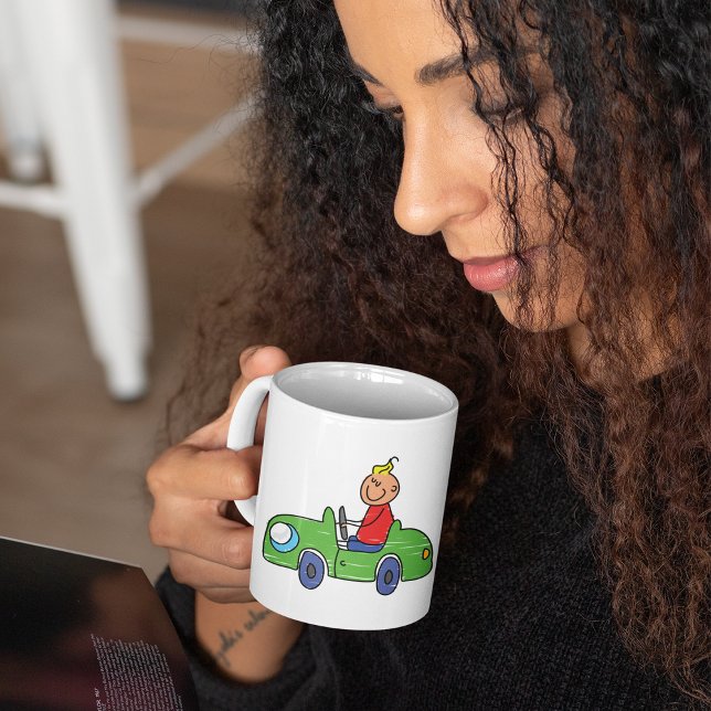Cute Kid Driving Green Car Childrens Illustration Coffee Mug (Creator Uploaded)