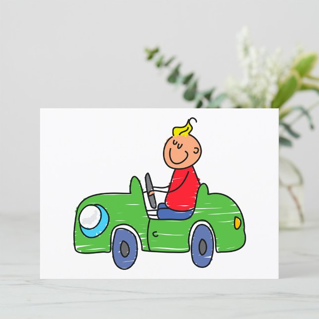 Cute Kid Driving Green Car Childrens Illustration Invitation (Creator Uploaded)