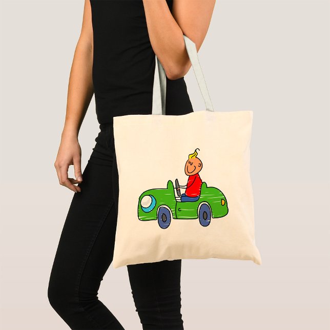 Cute Kid Driving Green Car Childrens Illustration Tote Bag (Creator Uploaded)
