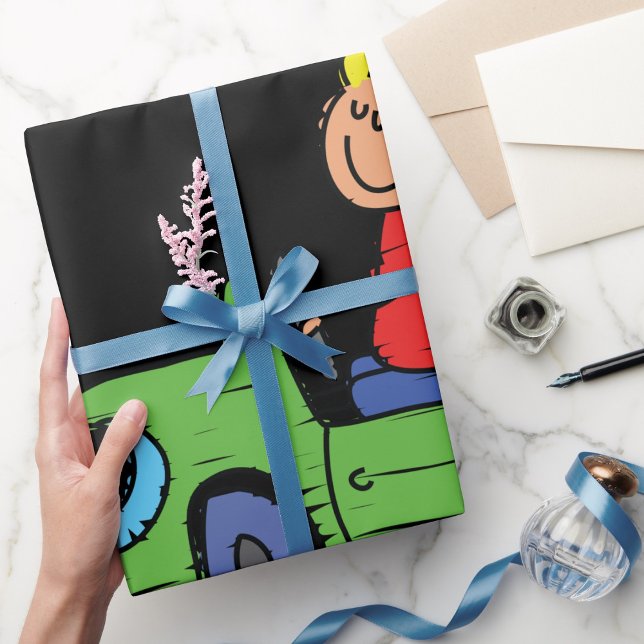 Cute Kid Driving Green Car Childrens Illustration Wrapping Paper (Creator Uploaded)