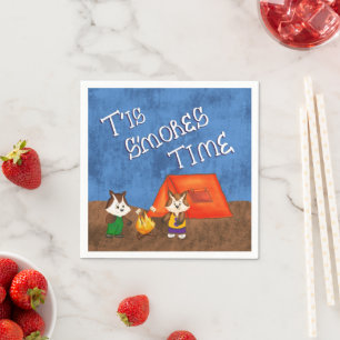 Cute Kid Foxes Camping Making S’mores Paper Napkin