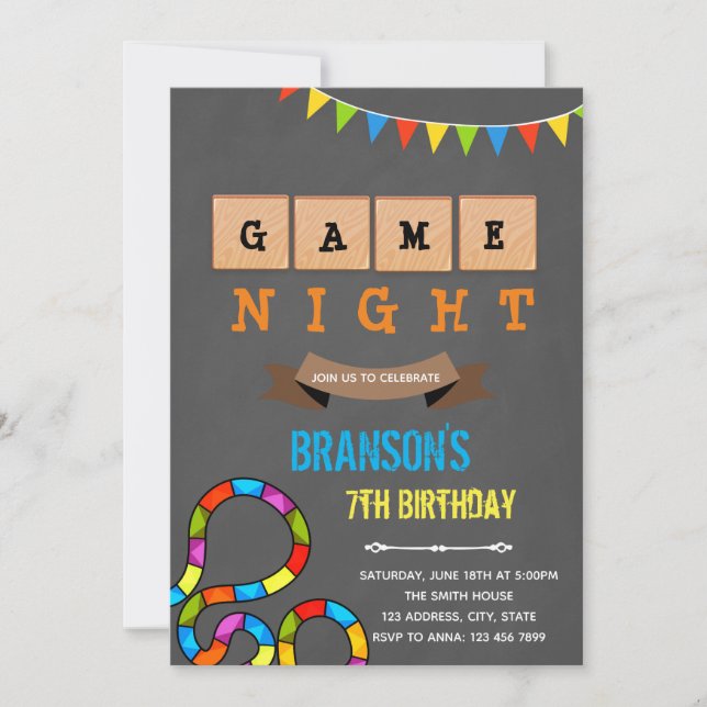 Cute kid game night party invitation (Front)