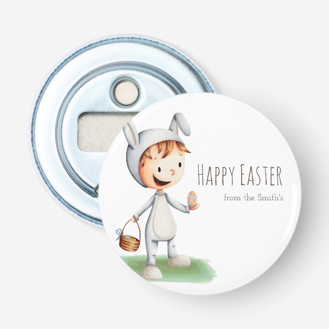 Cute Kid in Easter Bunny Costume Happy Easter Bottle Opener (Front)