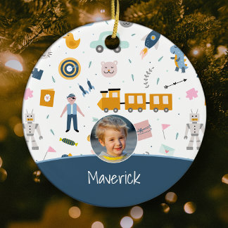 Cute Kid Pattern Photo and Name Boy Blue Christmas Ceramic Tree Decoration