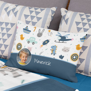 Cute Kid Pattern Photo and Name Boy Blue Decorative Cushion