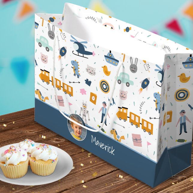 Cute Kid Pattern Photo and Name Boy Blue Large Gift Bag (Creator Uploaded)