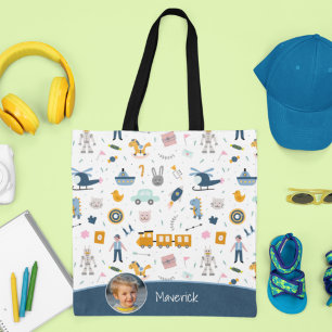Cute Kid Pattern Photo and Name Boy Blue Shopping Tote Bag