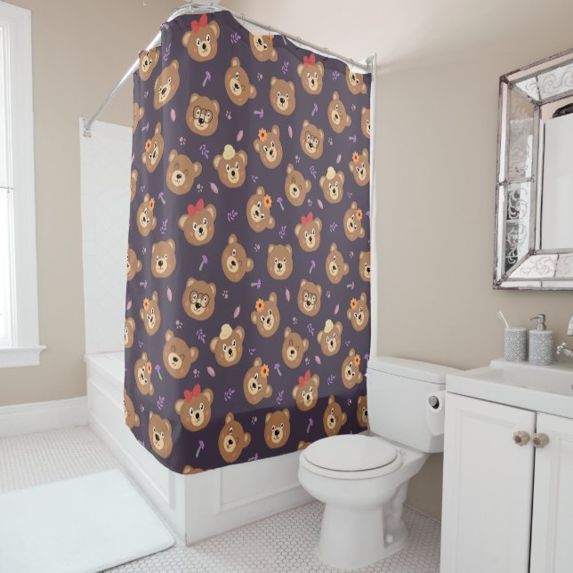Cute Kid Teddy Bear Cartoon Brown Bear Shower Curtain (In Situ)