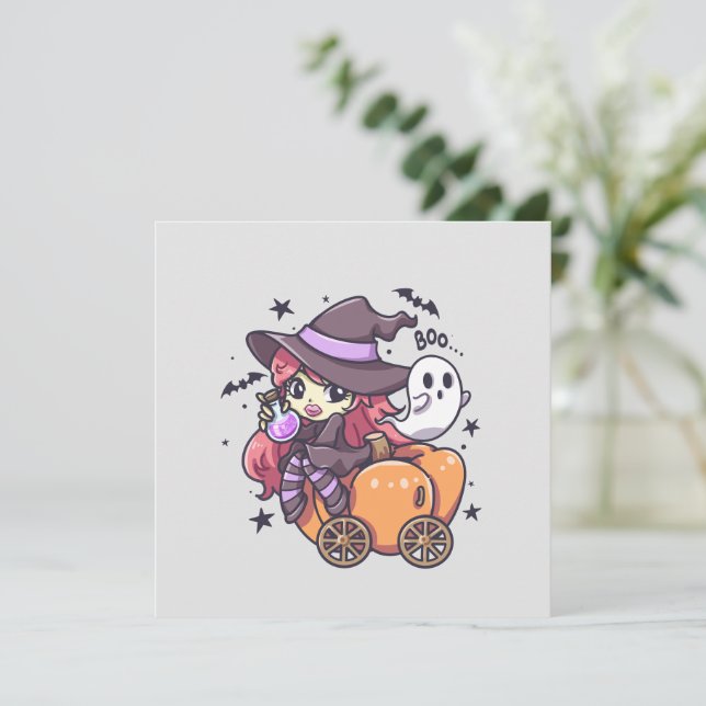 Cute Kid Witch Sitting on a Pumpkin Car (Standing Front)
