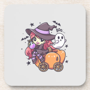 Cute Kid Witch Sitting on a Pumpkin Car Coaster