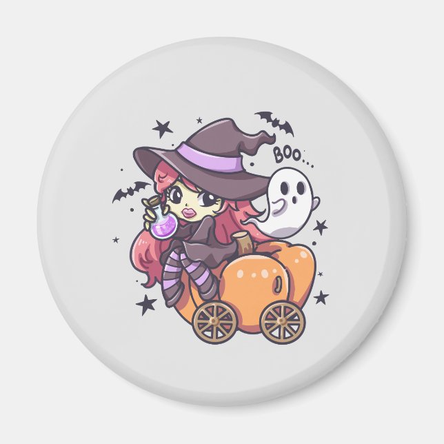 Cute Kid Witch Sitting on a Pumpkin Car Magnet (Front)