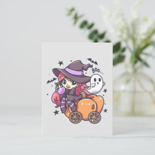 Cute Kid Witch Sitting on a Pumpkin Car Postcard