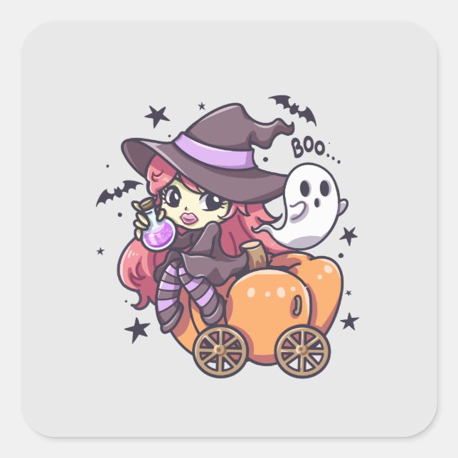 Cute Kid Witch Sitting on a Pumpkin Car Square Sticker (Front)