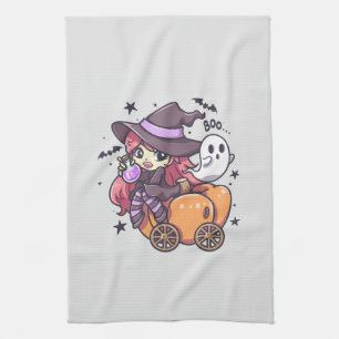 Cute Kid Witch Sitting on a Pumpkin Car Tea Towel