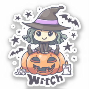 Cute Kid Witch Sitting on a Pumpkin – "Witch"