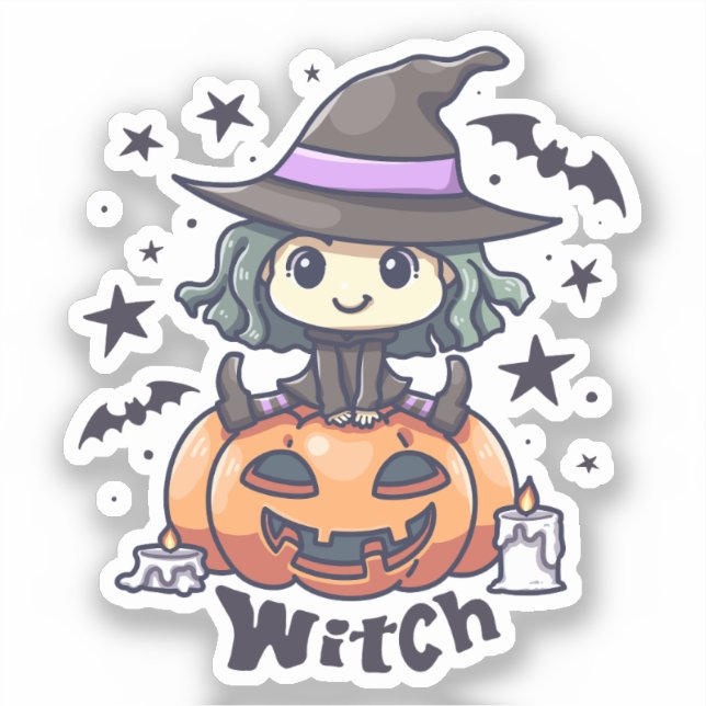 Cute Kid Witch Sitting on a Pumpkin – "Witch" (Front)