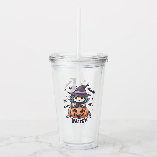 Cute Kid Witch Sitting on a Pumpkin – "Witch" Acrylic Tumbler (Front)