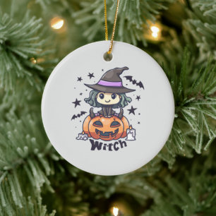 Cute Kid Witch Sitting on a Pumpkin – "Witch" Ceramic Tree Decoration