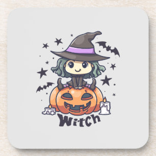 Cute Kid Witch Sitting on a Pumpkin – "Witch" Coaster