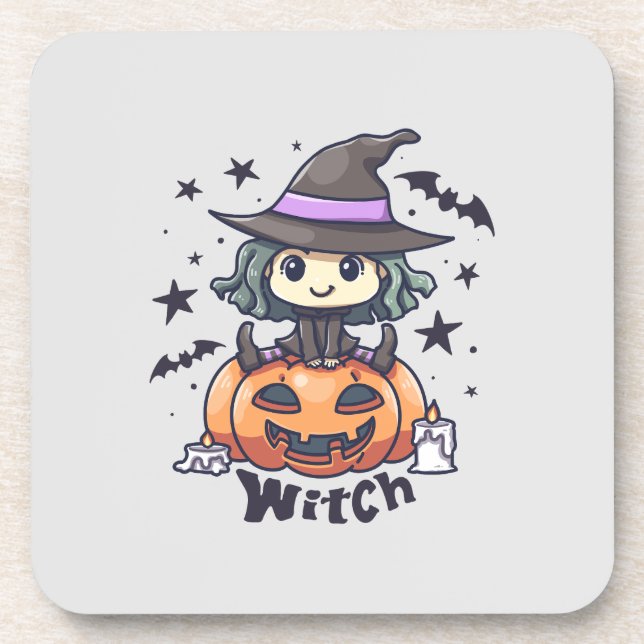 Cute Kid Witch Sitting on a Pumpkin – "Witch" Coaster (Front)