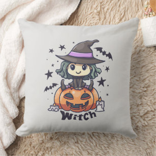 Cute Kid Witch Sitting on a Pumpkin – "Witch" Cushion