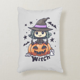 Cute Kid Witch Sitting on a Pumpkin – "Witch" Decorative Cushion