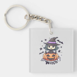 Cute Kid Witch Sitting on a Pumpkin – "Witch" Key Ring