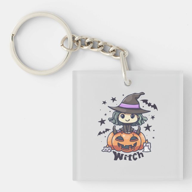Cute Kid Witch Sitting on a Pumpkin – "Witch" Key Ring (Front)