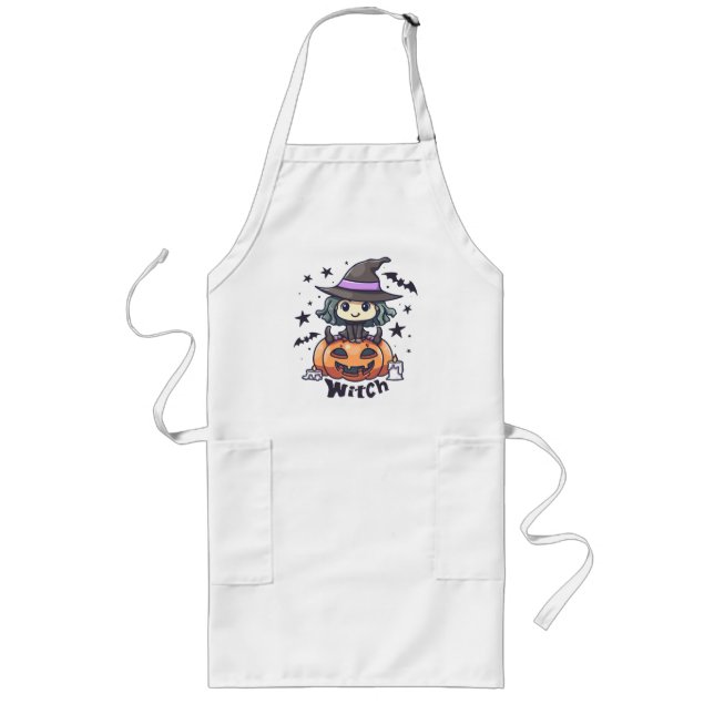 Cute Kid Witch Sitting on a Pumpkin – "Witch" Long Apron (Front)