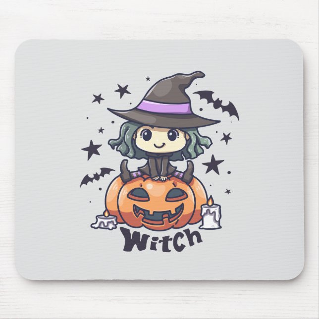 Cute Kid Witch Sitting on a Pumpkin – "Witch" Mouse Mat (Front)