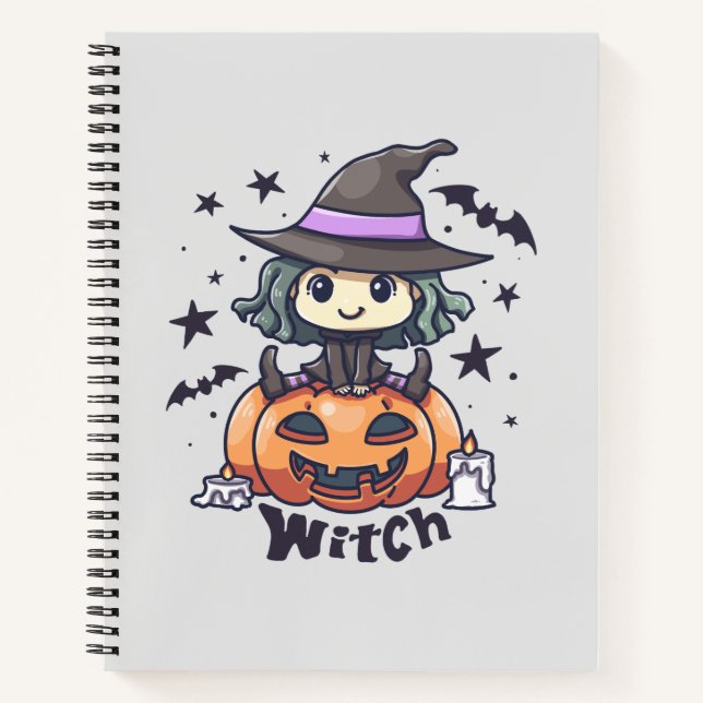 Cute Kid Witch Sitting on a Pumpkin – "Witch" Notebook (Front)