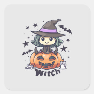 Cute Kid Witch Sitting on a Pumpkin – "Witch" Square Sticker