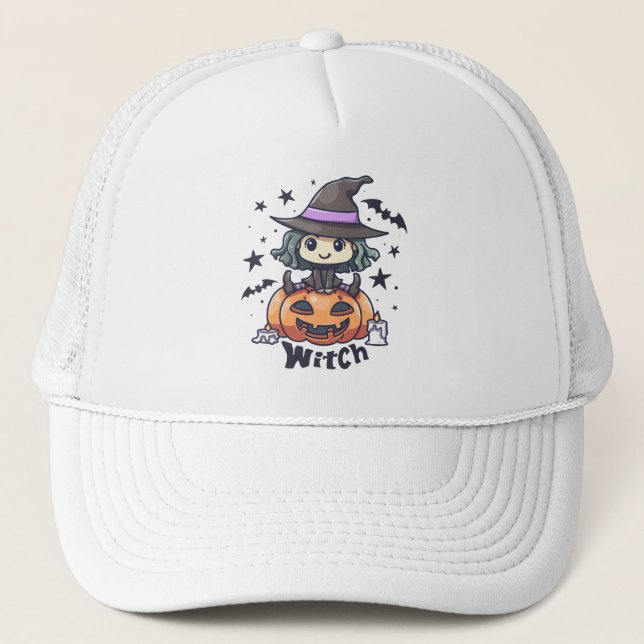 Cute Kid Witch Sitting on a Pumpkin – "Witch" Trucker Hat (Front)