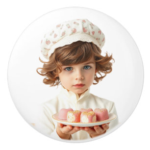 Cute kid with gourmet heart-shaped pink chocolates ceramic knob