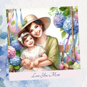 Cute Kid with Mum in Swing Hydrangea Mother's Day Holiday Card