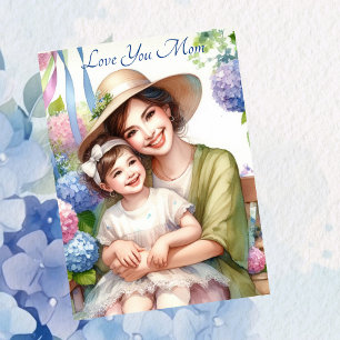 Cute Kid with Mum in Swing Hydrangea Mother's Day Holiday Card