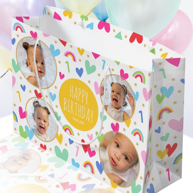 Cute Kids 1st Birthday Rainbow Photo Hearts Yellow Large Gift Bag (Creator Uploaded)