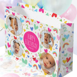 Cute Kids 2nd Birthday Rainbow Photo Hearts Pink Large Gift Bag<br><div class="desc">Celebrate the magic of turning two with this cute personalised gift bag! A fun and colourful design featuring four of your favourite photos and lots of rainbows, hearts and stars. The phrase "Happy Birthday" and the recipient's name are in the middle, and the all-important birthday age is repeated throughout the...</div>