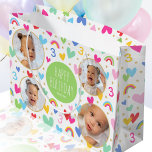 Cute Kids 3rd Birthday Rainbow Photo Hearts Green Large Gift Bag<br><div class="desc">Celebrate the magic of turning three with this cute personalised gift bag! A fun and colourful design featuring four of your favourite photos and lots of rainbows, hearts and stars. The phrase "Happy Birthday" and the recipient's name are in the middle, and the all-important birthday age is repeated throughout the...</div>