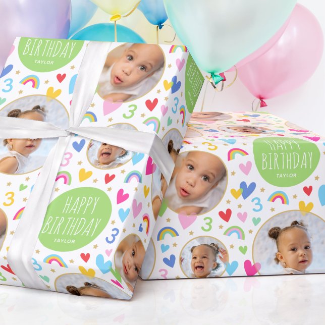 Cute Kids 3rd Birthday Rainbow Photo Hearts Green Wrapping Paper (Creator Uploaded)
