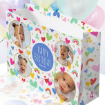 Cute Kids 4th Birthday Rainbow Photo Hearts Blue Large Gift Bag<br><div class="desc">Celebrate the magic of turning four with this cute personalised gift bag! A fun and colourful design featuring four of your favourite photos and lots of rainbows, hearts and stars. The phrase "Happy Birthday" and the recipient's name are in the middle, and the all-important birthday age is repeated throughout the...</div>