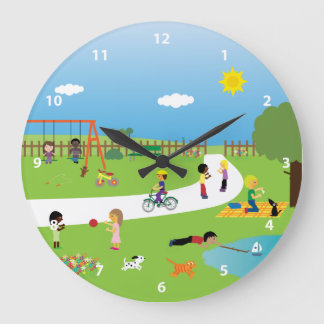 Cute Kids & Animals Playing in the Park Large Clock