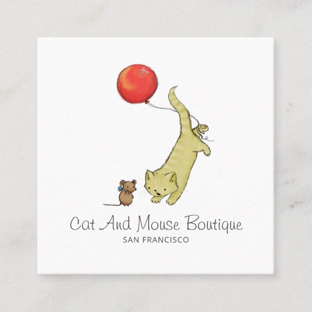 Cute Kid's Baby Retail Boutique Cat Mouse Balloon Square Business Card (Front)