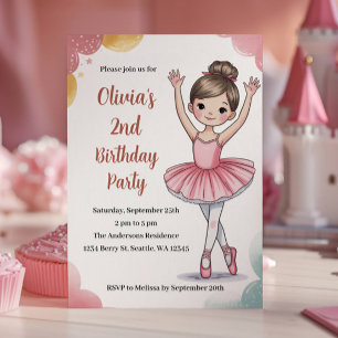 Cute Kids Ballerina 2nd Birthday Party Invitation