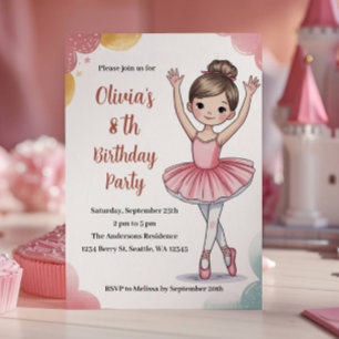 Cute Kids Ballerina 8th Birthday Party Invitation