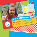 Cute Kid's BBQ Birthday Party Photo Invitation<br><div class="desc">This bbq design features cute graphics of hot dogs, hamburgers, lemonade and balloons. Click the customise button for more options for adding your own custom text! Variations of this design, additional colours, as well as coordinating products are available in our shop, zazzle.com/doodlelulu*. Contact us if you need this design applied...</div>