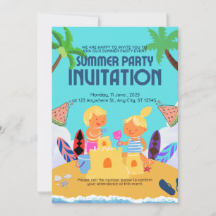 Cute Kids Beach Summer Party Invitation   Fun Sand