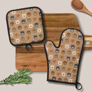 Cute kids bear head oven mitt & pot holder set