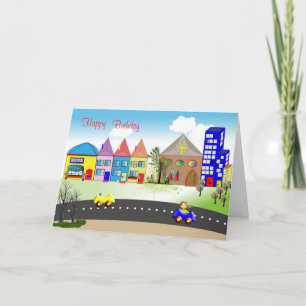 Cute Kids Birthday Card Colourful Little Town